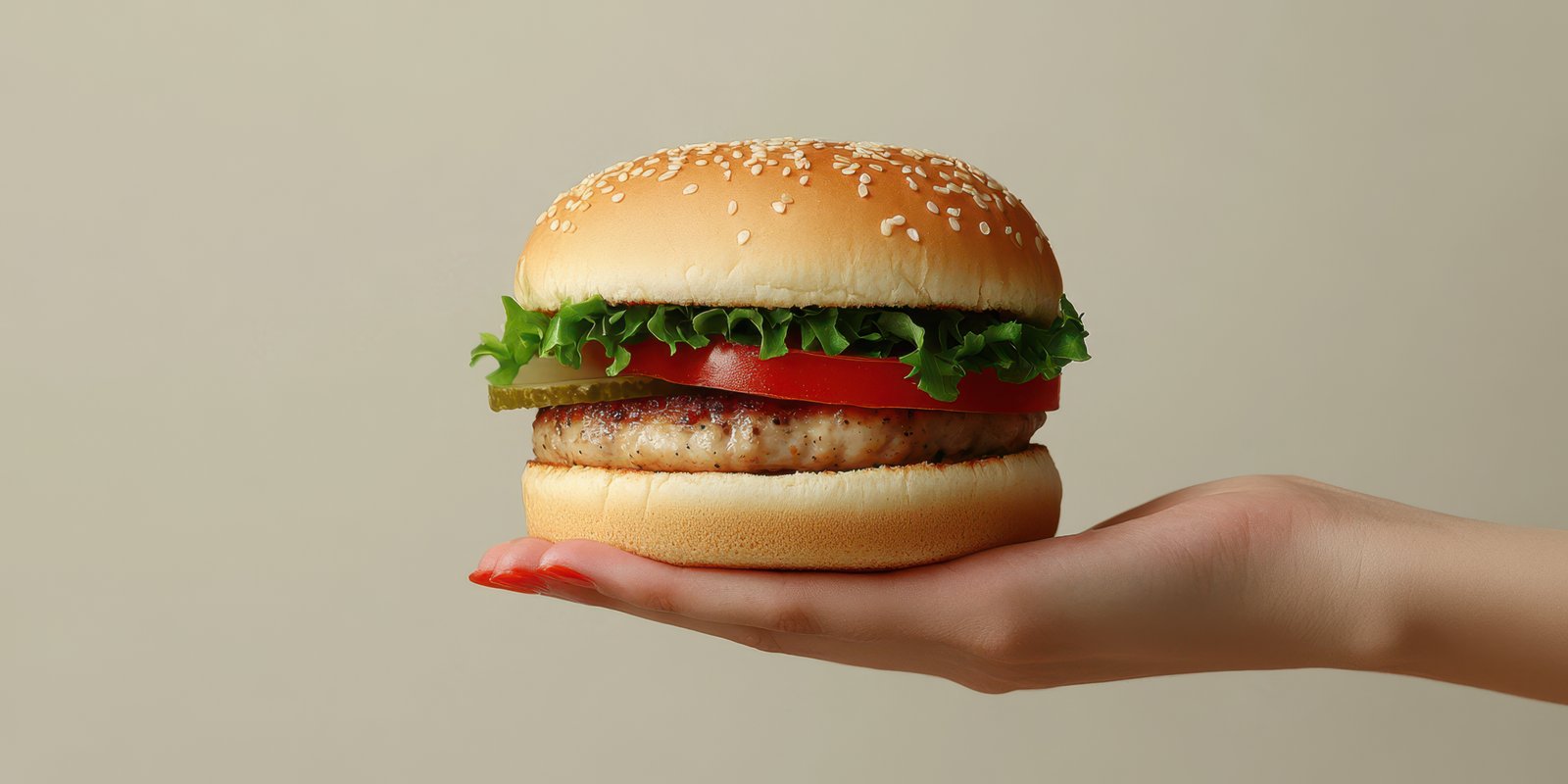 Hand holding a delicious burger with lettuce, tomato, and pickles against a simple background